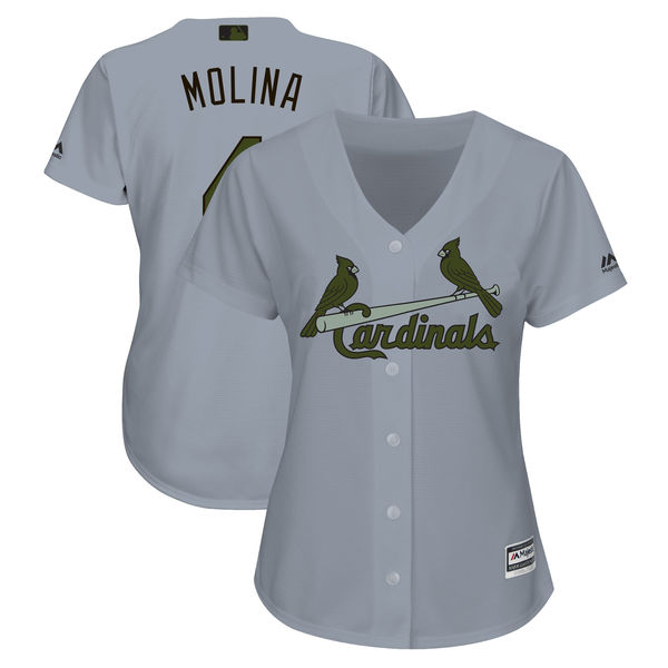 Women's St.Louis Cardinals #4 Yadier Molina Gray Women 2018 Memorial Day Cool Base Stitched MLB Jersey